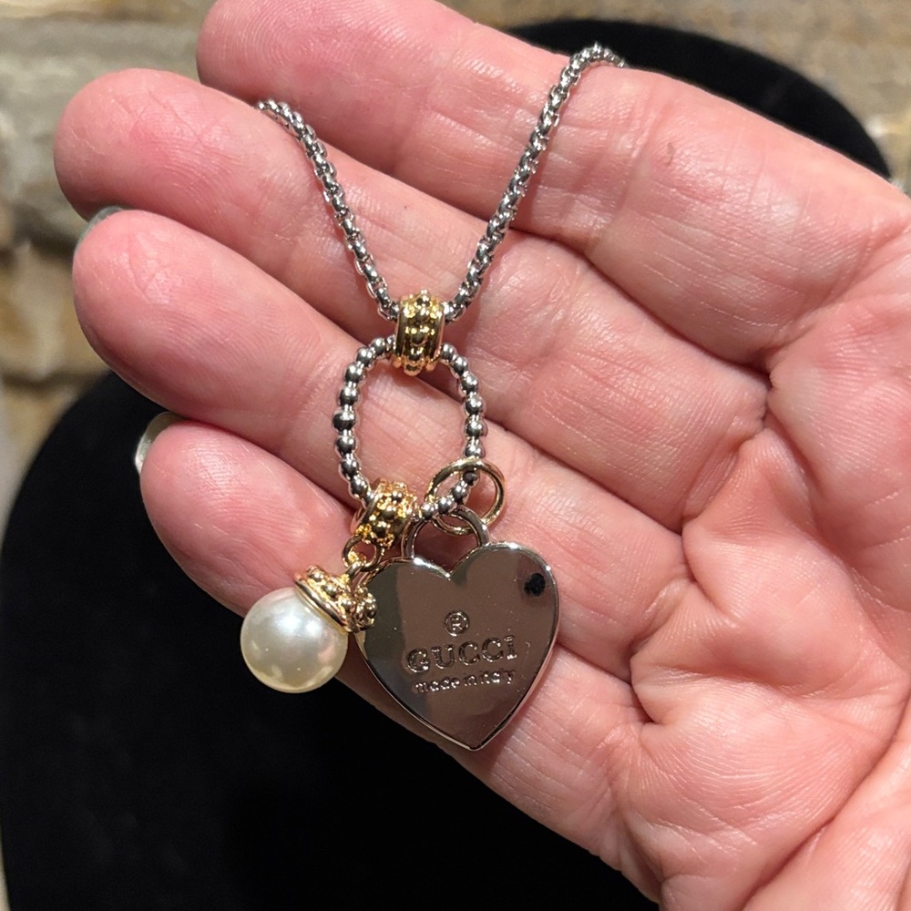 Silver Heart Pendant Necklace with Upcycled GG heart charm & Pearl Charm - Picture 5 of 6